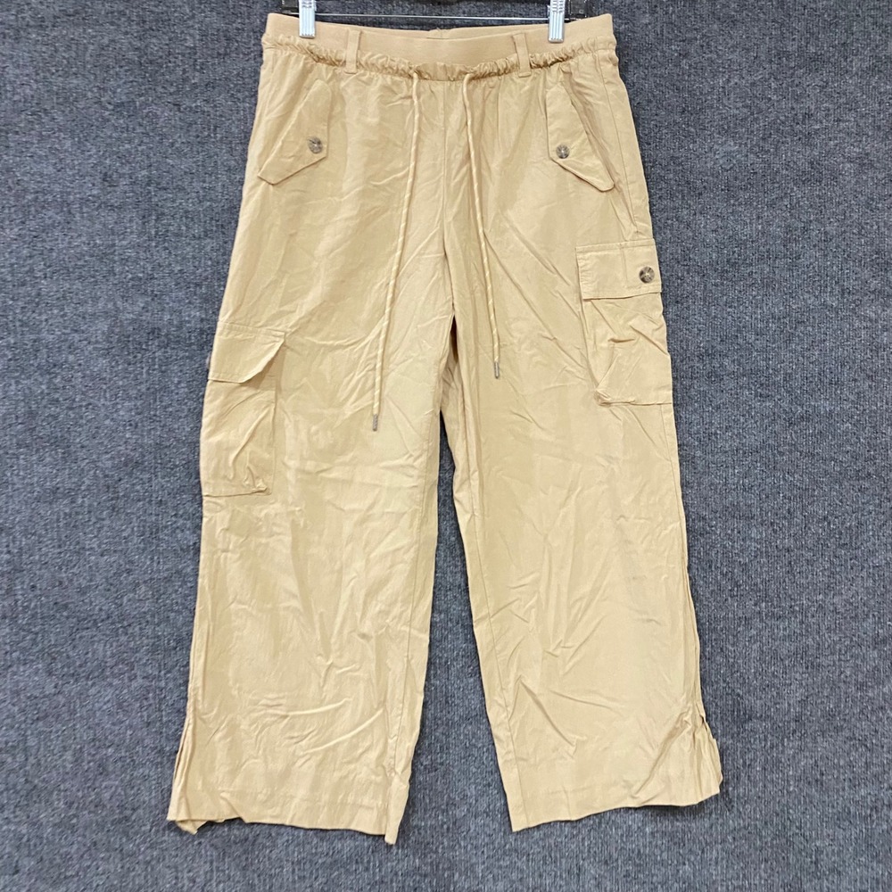 Forever 21 Tan Khaki Cargo Pants Wide Leg Drawstring Utility Trousers Size M